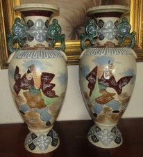 Grandi Vasi Giapponesi Satsuma 20° 63Cm Grande Coppia Di Vasi Giapponesi Samurai