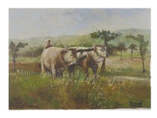 QUADRO AD OLIO PAESAGGIO DI CAMPAGNE CON BUOI E CONTADINI NEI CAMPI FIRMATO S1