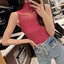 23) Canotta donna Heliar in maglia mezzo collo alto spalle scoperte stile vintag