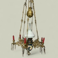 LAMPADARIO PETROLIO A SOSPENSIONE METALLO DORATO SEI LUCI COPPA IN OPALINE VETRO