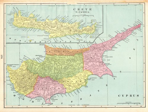 1888 antica mappa cipro - antica, e