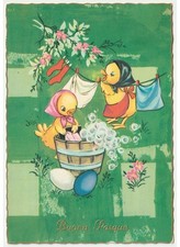 1963 pulcini vestiti umanizzati tinozza bucato cartolina vintage Buona Pasqua