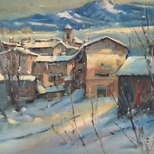 Mancini Quadro Dipinto Olio Tela Borgo Montagna neve alberi Case paesaggio