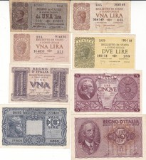 LOTTO 8 BANCONOTE LIRE REGNO D'ITALIA VITTORIO EMANUELE III BB-SPL-FDS