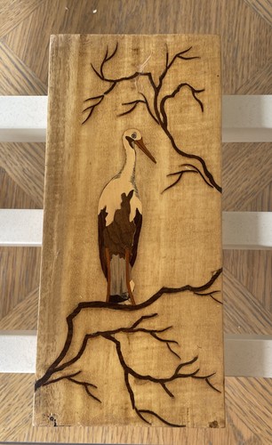 Vintage marquetry wooden stork - vintage,