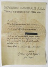 Governo A.O.I. - Autorizzazione a fregiarsi di cordelline cremisi su divisa 1938