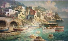 ARTE-COSTIERA AMALFITANA-MARINA DI AMALFI-DIPINTO SU TELA-DECORATIVO-FIRMATO