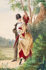 Coppia romantica in giardino, 1840 circa, Aq. Biedermeier Sconosciuto (XIX secolo)