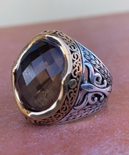 ANELLO ARGENTO  925 uomo solitario Topazio Fumo Ring Sterling Man $