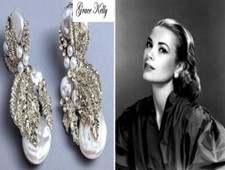 SPLENDIDI ORECCHINI <GRACE KELLY> '50s PERLE BAROCCHE,BRILLANTI,LEGA ORO-PLATINO