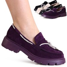 Scarpe Donna Scamosciato Basse Brillantini Plateau Slipper Chunky Loafer Slip On