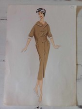 Figurino di moda anni 50-60 disengato e colorato a mano con cartamodello