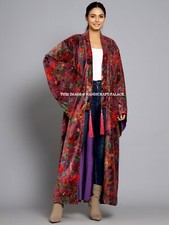 Lusso Velluto Uccello Stampato Accappatoio Kimono Ofmd Abito Viola Colore Lungo