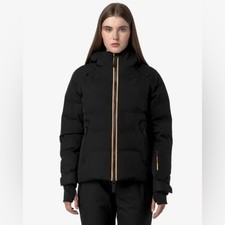 K-WAY Puffer Giacca Cappotto Piumino Piume Donna Nero XS Cappuccio Riga Arcobaleno NUOVO