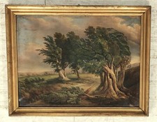 ANTICO QUADRO DIPINTO olio tela PAESAGGIO CAMPAGNA Alberi Bufera CORNICE DORATA
