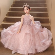 Abito da ballo bambina vestito lungo rete imbracatura principessa spettacolo rosa festa Frock 69191