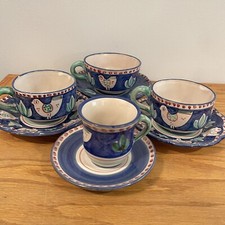 Set tazzine e piattini caffè vintage CAS Solimine Vietri pollo uccellino blu Italia