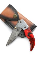 Coltello pieghevole in acciaio damascato fatto a mano - coltello tascabile con manico e fodero in resina