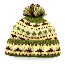 M&L Beanie Pom Hat 100% Hand Knit Wool Fleece Lining Green Crochet Woolen