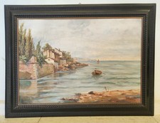 GRANDE QUADRO DIPINTO OLIO firmato PAESAGGIO MARINA epoca 900 CORNICE GUILLOCHE