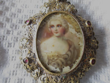 ANTICA SPILLA DA DONNA IN ORO BASSO? + RUBINI+DIPINTO SU MADREPERLA 1870