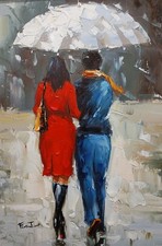 QUADRO MODERNO DIPINTO A MANO OLIO SU TELA IMMAGINE COPPIA CON L'OMBRELLO