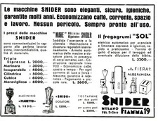 PUBBL. 1938 F.LLI SNIDER MILANO MODELLI MACCHINE CAFFE ESPRESSO  LISTINO