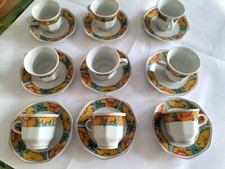 Set 9 TAZZINE CAFFÈ + PIATTINI Porcellana ‘80 MADE IN CHINA girasoli filetto oro