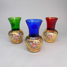 VETRO MURANO VINTAGE SET 3 VASETTI ROSSO BLU VERDE DECORATI MANO ORO 24K - 60 70