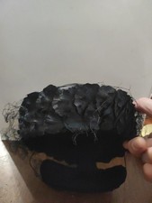 Particolare Cappello In Organza Plissé Nero Anni 40/50 Con Copri nodo Coda 