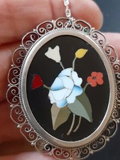  Mosaico  Vintage Spilla Pietra Dura Argento  Ciondolo Fiori