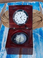  Bussola Ed Orologio In Acciaio In Scatola Di Radica Di Mogano Funzionante 