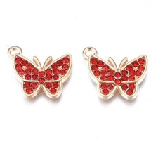 5 bellissimi ciondoli farfalla micro pavè tono oro con strass rossi