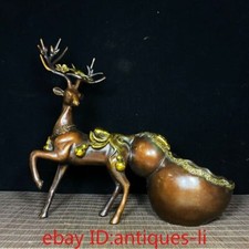 11.8"Chinese Antique Pure Bronze Gilt Deer Pulling Fortune Gourd Ornament