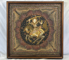 Arazzo Kalaga birmano/thailandese ricamato, cavaliere a cavallo, perline 70x70