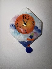 OROLOGIO A PENDOLO VETRO FUSO STILE MURANO BLU BARCA ARANCIONE COLORE BIANCO PALET 