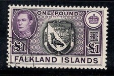 Isole Falkland 1938 SG 163 timbrato 100% 1 sterlina, re Giorgio VI