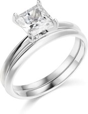 Fede Nuziale Fidanzamento Oro Bianco 14K Principessa 1,30 Ct Fascia Abbinata