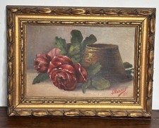 Vecchio quadro con cornice dorata legno  - Olio su cartone - fiori - 1934