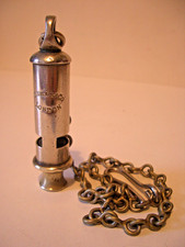 VINTAGE E. MILNS & Co , LONDON , TRANSPORT  / POLICE USE - METAL WHISTLE & CHAIN
