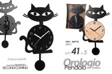 SVEGLIA OROLOGIO A PENDOLO GATTO GATTINO GATTINA DA PARETE ASS NERO LEGNO 41*5cm