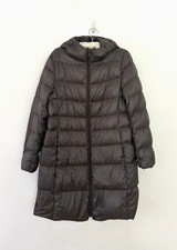 Cappotto donna Uniqlo ultraleggero marrone con cappuccio imbottito lunghezza ginocchio XL