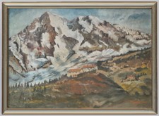 ARTE NAIF BORGO DI MONTAGNA CON VETTE INNEVATE olio tavola ENRICO COPETTA COEN