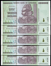 5 CONSECUTIVO 2008 50 TRILIONI DI DOLLARI ZIMBABWE, AA P-90 UNC
