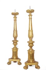 COPPIA CANDELIERI ITALIANI IN LEGNO DORATO, STILE IMPERO, XIX SEC. ARTE SACRA