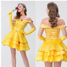 Cosplay La Bella e la Bestia Principessa Belle Oro Vestito Guanti Abiti Halloween