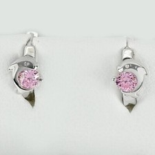 orecchini disegno delfino in argento sterling 925, CZ rosa tonda, 1,70 g.