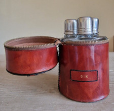 Vintage Borsa Borraccia Fiaschetta Tripla Liquori Cognac Whisky Gin in Pelle
