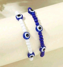 COPPIA N. 2 BRACCIALETTI UNISEX PERLINE COLORE BLU BIANCO BRACCIALE NUOVO