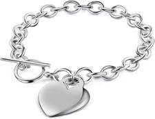 Bracciale con ciondolo sopra cuore in oro bianco 14 carati - Toggle Lock - 8,...